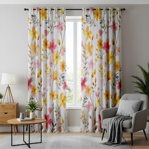 Modern Yellow Floral Curtains for Living Room, Watercolor and Botanical Patterns, Mid Century Floral Printed Drapes, Boho Floral Curtain