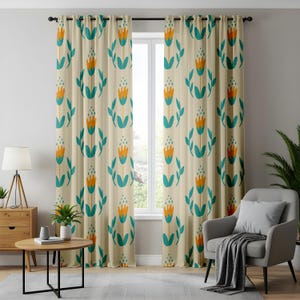 Scandinavian Floral Curtains, Minimalist Retro Flower Pattern Drapes, Mid-Century Modern Window Treatment
