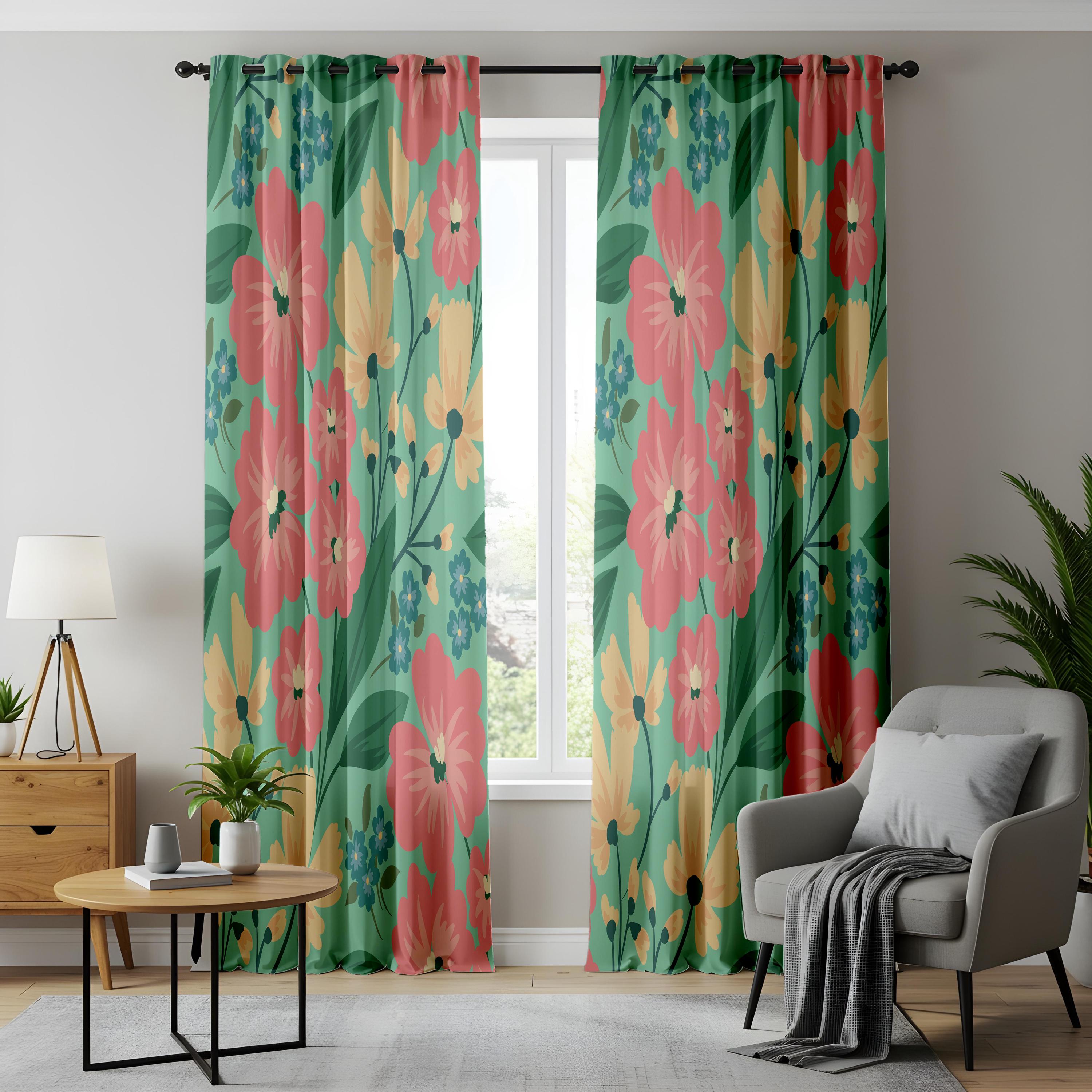 Tropical Floral Window Curtains, Pink Yellow Flowers, Boho Green Jungle