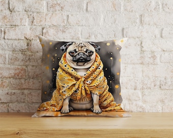 Watercolor Pug Dog Pillow Cover, Clothes Print Cushion