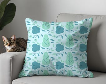 Funda de almohada floral botánica azul y verde, cojín inspirado en la naturaleza.