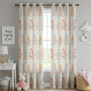 Scandinavian Rainbow Nursery Curtains, Soft Pastel Print Drapes for Kids Room, Minimalist Cloud and Star Panels, Neutral Baby Room Decor