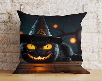 Halloween Black Cat Cushion Cover, Witch Hat Pumpkin Pillow Cover, Spooky Autumn Home Decor, 16x16 18x18