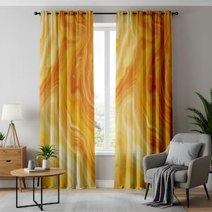 May include: A pair of yellow and orange curtains with a marbled pattern. The curtains are hung on a window in a living room setting.