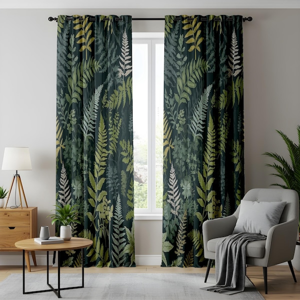 Woodland Fern Window Curtains, Botanical Leaf Print Drapes