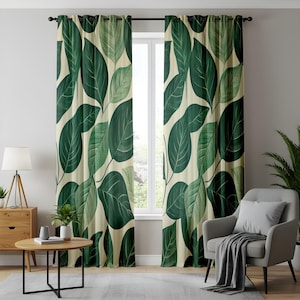 Tropical Green Leaf Living Room Curtains, Nature Inspired Window Drapes, Large Botanical Print, Jungle Home Decor