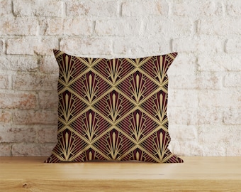 Art Deco Cushion Cover, Gold Art Deco Print Couch Pillow Case, Geometric Art Deco Pattern Throw Cushions, Dark Color Square Cushion Case