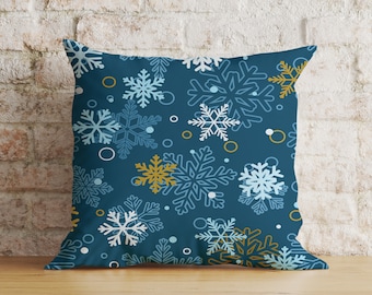 Blue Christmas Snowflake Pillow Cover, Knitted Soft Fabric Holiday Decor