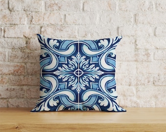 Blue Spanish Tile Cushion Cover, Mediterranean Mosaic Pillow Cover, Coastal Living Room Decor, 16x16 18x18 20x20