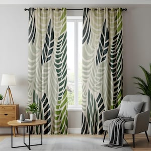 Tropical Leaf Pattern Living Room Curtains, Modern Green Botanical Drapes, Nature-Inspired Window Panels, Jungle Aesthetic Home Decor