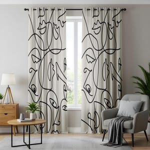 Abstraktes Gesicht Linie Kunstvorhänge, minimalistisches Schwarz und Weiß, moderne Fenstervorhänge, durchgehende Linie, drapiert, monochromer künstlerischer Stil
