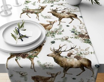 Reindeer Table Runner, Winter Animals, Pinetree Centerpiece