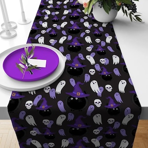 Purple Halloween Table Runner, Spooky Witch Hat Runner, Ghost Spider Black Cat Runner, Halloween Tablecloth, Centerpiece Runner