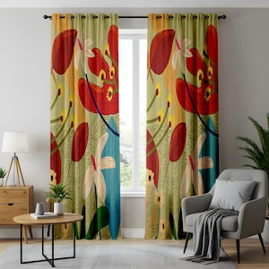 Tropical Botanical Curtains, Vibrant Jungle Floral Pattern Drapes in Red, Yellow and Green, Exotic Nature-Inspired Window Panels