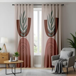 Boho Abstract Arch Curtains, Minimalist Earth Tone Drapes, Modern Geometric Leaf Print Window Panels, Scandinavian Home Decor
