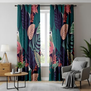 Lush Botanical Curtains, Modern Tropical Patterned Drapes, Jungle Botanical Window Drapes, Exotic Green Teal Floral Decor