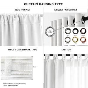 May include: A guide to curtain hanging types featuring rod pocket, eyelet or grommet with a 1.6 inch diameter, multifunctional tape measuring 8 cm, and tab top styles. The eyelet section displays six color options: grey, black, bronze, silver, gold, and blush.