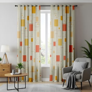 May include: Cream-coloured curtains featuring a geometric pattern of orange and yellow rectangles and squares. The design incorporates thin brown lines and dots, creating a mid-century modern aesthetic. The curtains are hanging in front of a window.
