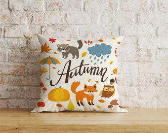 Autumn Animals Cushion Cover, Woodland Forest Pillow Cover, Fall Living Room Home Decor, 16x16 18x18 20x20