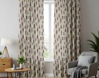 Minimalist Pine Tree Window Curtains, Beige Brown Woodland Drapes
