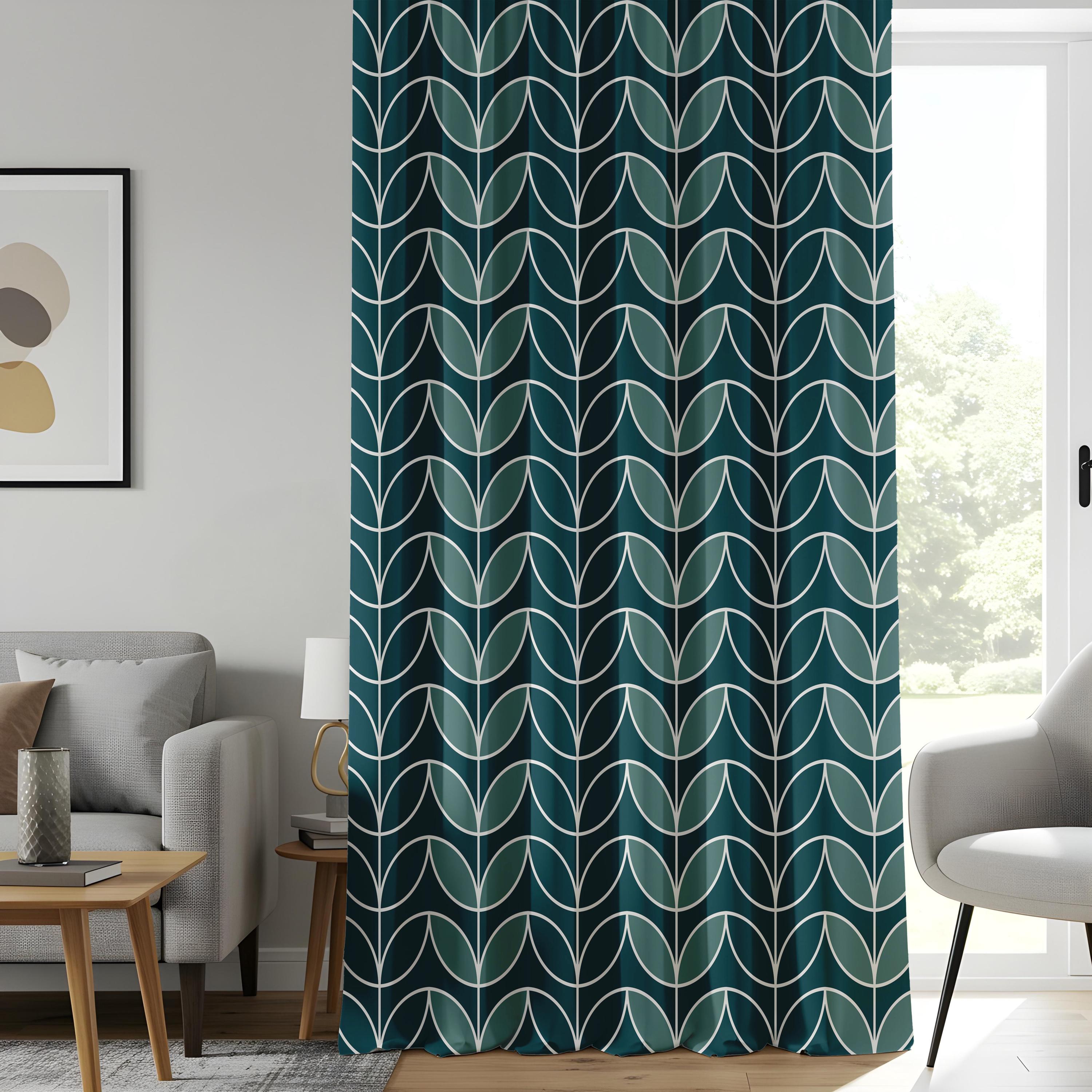 Linear Stem Printed Curtain, Mid Century Scandi Drapes, Geometric Leaf ...