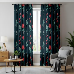 Vintage Red Rose Curtains, Dark Aesthetic Floral Drapes, Gothic-Inspired Botanical Window Treatment, Classic Red Bloom Window Decor