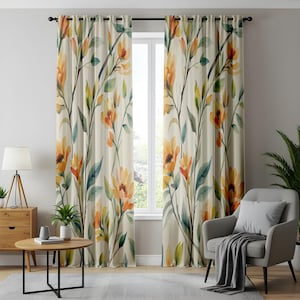 Rustic Floral Living Room Curtains, Watercolor Red and Orange Flower Drapes, Botanical Window Panels, Vintage Flower and Leaf Print