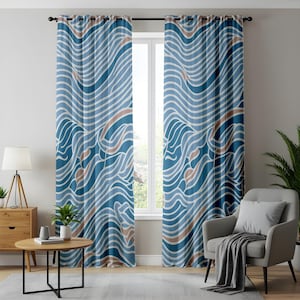 Abstract Waves Pattern Curtains, Blue and Beige Tones, Modern Coastal Style Window Treatment, Custom Curtain Drapes