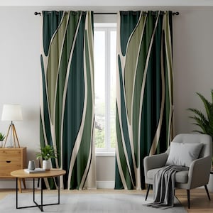 May include: A pair of floor-length curtains featuring a vertical abstract pattern of overlapping wavy shapes in shades of dark forest green, sage green, and cream, accented by thin black outlines, suspended from a black curtain rod with grommets.