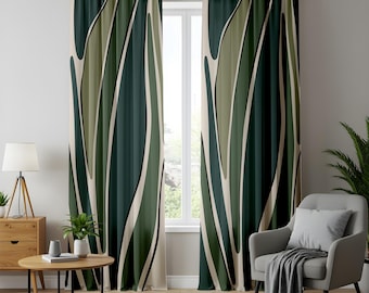 Moderne abstracte groene gordijnen, bladpatroon raamgordijnen, minimalistisch botanisch interieur, op de natuur geïnspireerde gordijnen voor woonkamer
