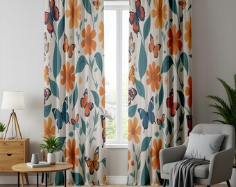 Floral Butterfly Window Curtains, Orange Wildflower Drapes