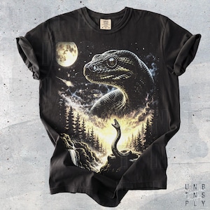 May include: A black short-sleeve t-shirt featuring a graphic print of a large snake head in a starry night sky above a forest landscape with a smaller snake, a full moon, and a waterfall. The shirt has a Comfort Colors brand neck label.