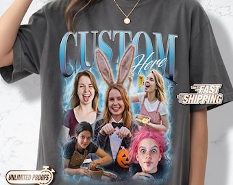 May include: A charcoal gray t-shirt featuring a graphic print with the text CUSTOM Here. The design includes a collage of five photos of individuals in various poses, including one wearing bunny ears and another holding a pumpkin bucket.