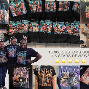 May include: A collage of photos showcasing custom-designed t-shirts with various colorful graphics and text. The text on the shirts includes names like "Emily", "Bees", "Bronx", "Ines", "Neil", and "Anna", along with phrases like "The Bride" and "10,000 Customs Sold + 5 Stars Reviews".