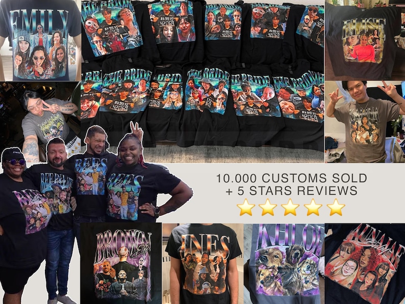 May include: A collage of photos showcasing custom-designed t-shirts with various colorful graphics and text. The text on the shirts includes names like "Emily", "Bees", "Bronx", "Ines", "Neil", and "Anna", along with phrases like "The Bride" and "10,000 Customs Sold + 5 Stars Reviews".