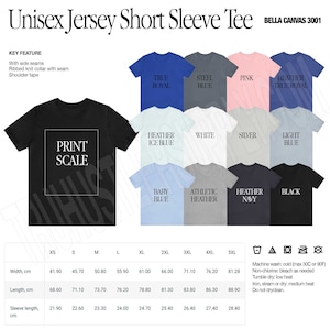 May include: Unisex short sleeve t-shirt in various colors, including true royal, steel blue, pink, heather true royal, heather ice blue, white, silver, light blue, baby blue, athletic heather, heather navy, and black. The t-shirt has side seams, a ribbed knit collar with a seam, and shoulder tape. The size chart shows measurements in centimeters for width, length, and sleeve length.