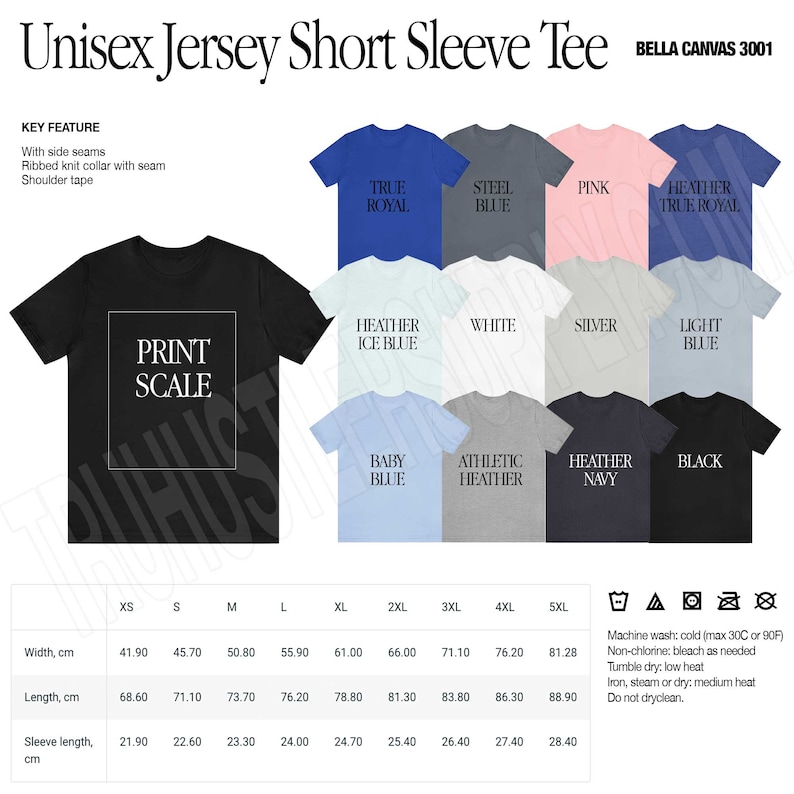 May include: Unisex short sleeve t-shirt in various colors, including true royal, steel blue, pink, heather true royal, heather ice blue, white, silver, light blue, baby blue, athletic heather, heather navy, and black. The t-shirt has side seams, a ribbed knit collar with a seam, and shoulder tape. The size chart shows measurements in centimeters for width, length, and sleeve length.