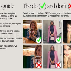 May include: A guide with tips on how to take photos for an Etsy order. The guide includes a list of do's and don'ts with examples of good and bad photos. The do's include taking well-lit photos, getting close to the subject, and using natural light. The don'ts include taking blurry photos, using artificial light, and taking photos from too far away.