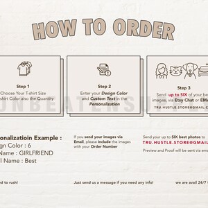 Puede incluir: Una gu&iacute;a sobre c&oacute;mo pedir camisetas personalizadas. La gu&iacute;a incluye tres pasos: elige la talla y el color de tu camiseta, introduce el color de tu dise&ntilde;o y el texto personalizado, y env&iacute;a hasta seis im&aacute;genes a trav&eacute;s de Etsy Chat o correo electr&oacute;nico. La gu&iacute;a tambi&eacute;n incluye un ejemplo de una camiseta personalizada con el color del dise&ntilde;o, el nombre grande y el nombre peque&ntilde;o.