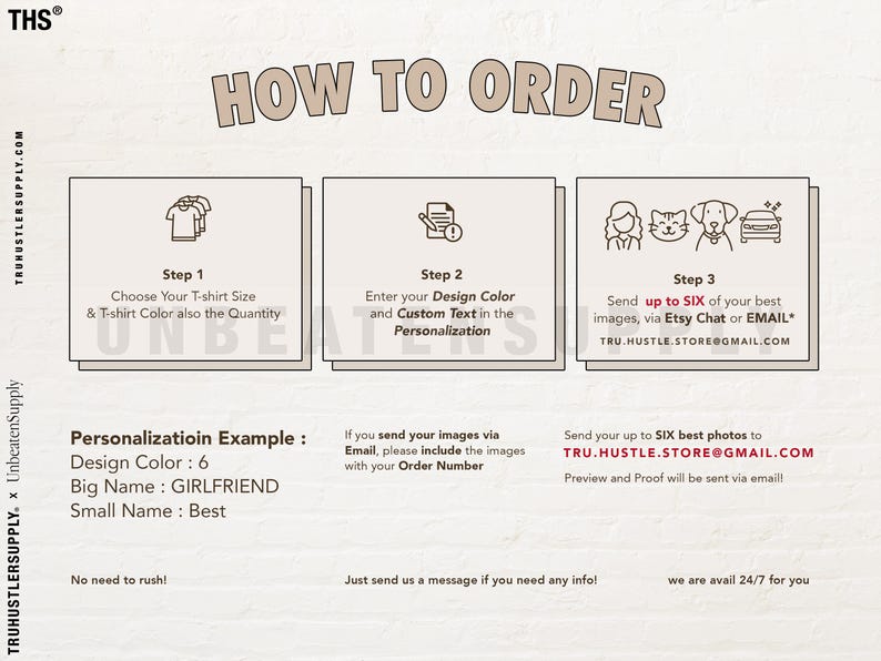 Puede incluir: Una gu&iacute;a sobre c&oacute;mo pedir camisetas personalizadas. La gu&iacute;a incluye tres pasos: elige la talla y el color de tu camiseta, introduce el color de tu dise&ntilde;o y el texto personalizado, y env&iacute;a hasta seis im&aacute;genes a trav&eacute;s de Etsy Chat o correo electr&oacute;nico. La gu&iacute;a tambi&eacute;n incluye un ejemplo de una camiseta personalizada con el color del dise&ntilde;o, el nombre grande y el nombre peque&ntilde;o.