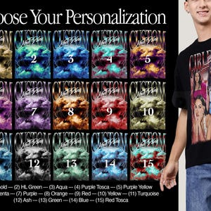May include: A graphic design template for a t-shirt with 15 different color options. The design features a cloud with the text "Custom" and a lightning bolt. The color options are numbered 1 through 15 and listed below the design.