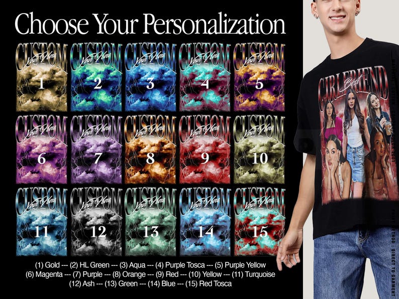 May include: A graphic design template for a t-shirt with 15 different color options. The design features a cloud with the text "Custom" and a lightning bolt. The color options are numbered 1 through 15 and listed below the design.