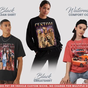 Puede incluir: Tres camisetas personalizadas con diferentes dise&ntilde;os. La primera camiseta es negra con un gr&aacute;fico de un grupo de chicas. La segunda camiseta es negra con un gr&aacute;fico de un grupo de perros. La tercera camiseta es roja con un gr&aacute;fico de un grupo de coches. El texto "CUSTOM" est&aacute; en las tres camisetas. El texto "Black Gildan Shirt", "Watermelon Comfort Color" y "Black Sweatshirt" tambi&eacute;n se incluye en la imagen.
