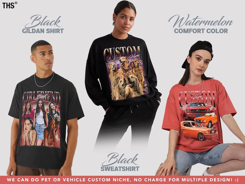Puede incluir: Tres camisetas personalizadas con diferentes dise&ntilde;os. La primera camiseta es negra con un gr&aacute;fico de un grupo de chicas. La segunda camiseta es negra con un gr&aacute;fico de un grupo de perros. La tercera camiseta es roja con un gr&aacute;fico de un grupo de coches. El texto "CUSTOM" est&aacute; en las tres camisetas. El texto "Black Gildan Shirt", "Watermelon Comfort Color" y "Black Sweatshirt" tambi&eacute;n se incluye en la imagen.