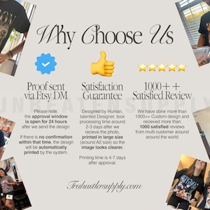 Puede incluir: Un anuncio de un servicio de dise&ntilde;o gr&aacute;fico muestra una marca de verificaci&oacute;n azul, un pulgar hacia arriba y una calificaci&oacute;n de 5 estrellas. El texto del anuncio destaca la prueba enviada a trav&eacute;s de Etsy DM, la garant&iacute;a de satisfacci&oacute;n y m&aacute;s de 1000 rese&ntilde;as positivas. El anuncio tambi&eacute;n menciona una ventana de aprobaci&oacute;n de 24 horas para los dise&ntilde;os y un tiempo de impresi&oacute;n de 4 a 7 d&iacute;as despu&eacute;s de la aprobaci&oacute;n.
