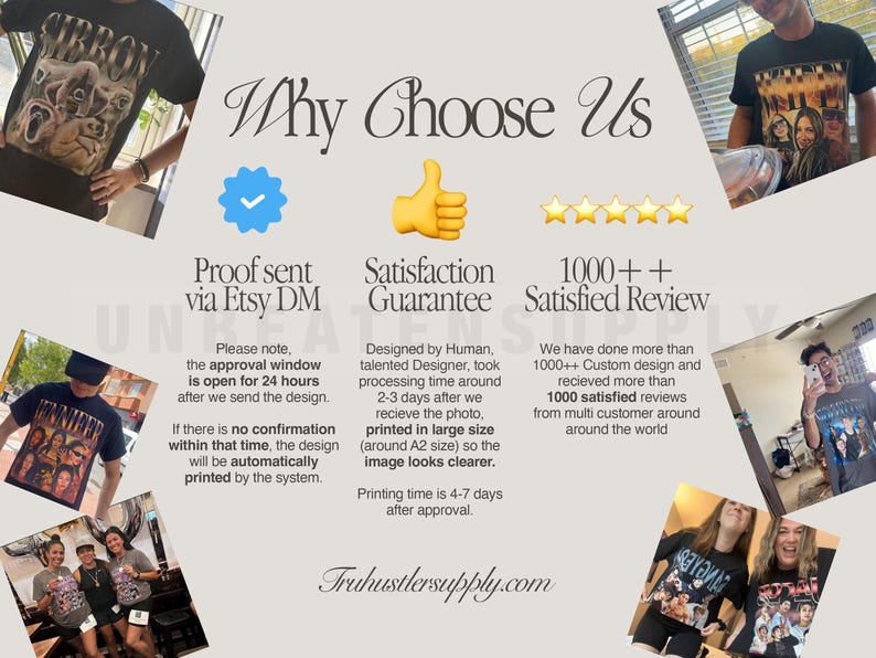 Puede incluir: Un anuncio de un servicio de dise&ntilde;o gr&aacute;fico muestra una marca de verificaci&oacute;n azul, un pulgar hacia arriba y una calificaci&oacute;n de 5 estrellas. El texto del anuncio destaca la prueba enviada a trav&eacute;s de Etsy DM, la garant&iacute;a de satisfacci&oacute;n y m&aacute;s de 1000 rese&ntilde;as positivas. El anuncio tambi&eacute;n menciona una ventana de aprobaci&oacute;n de 24 horas para los dise&ntilde;os y un tiempo de impresi&oacute;n de 4 a 7 d&iacute;as despu&eacute;s de la aprobaci&oacute;n.