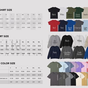 Puede incluir: Una tabla de tallas para camisetas Gildan, sudaderas y camisetas Comfort Color. La tabla muestra el ancho, la longitud y la longitud de la manga en cent&iacute;metros para cada talla, desde la S hasta la 5XL. La tabla tambi&eacute;n incluye una lista de colores disponibles para cada tipo de camiseta.