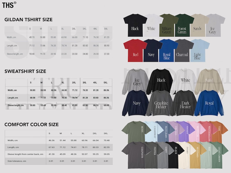 Puede incluir: Una tabla de tallas para camisetas Gildan, sudaderas y camisetas Comfort Color. La tabla muestra el ancho, la longitud y la longitud de la manga en cent&iacute;metros para cada talla, desde la S hasta la 5XL. La tabla tambi&eacute;n incluye una lista de colores disponibles para cada tipo de camiseta.