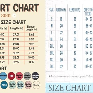 Op de afbeelding: Unisex T-shirt maattabel met metingen in inches voor Bella Canvas 3001 en Gildan 64000. De tabel toont de breedte, lengte en mouwlengte voor elke maat. Een kleurenkaart toont een verscheidenheid aan kleuren die beschikbaar zijn voor de T-shirts.