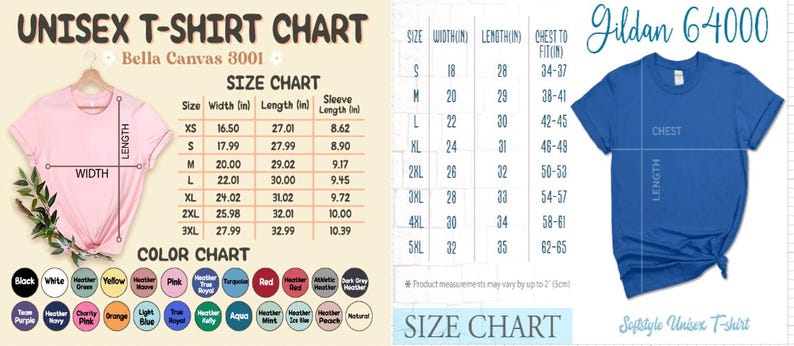 Op de afbeelding: Unisex T-shirt maattabel met metingen in inches voor Bella Canvas 3001 en Gildan 64000. De tabel toont de breedte, lengte en mouwlengte voor elke maat. Een kleurenkaart toont een verscheidenheid aan kleuren die beschikbaar zijn voor de T-shirts.